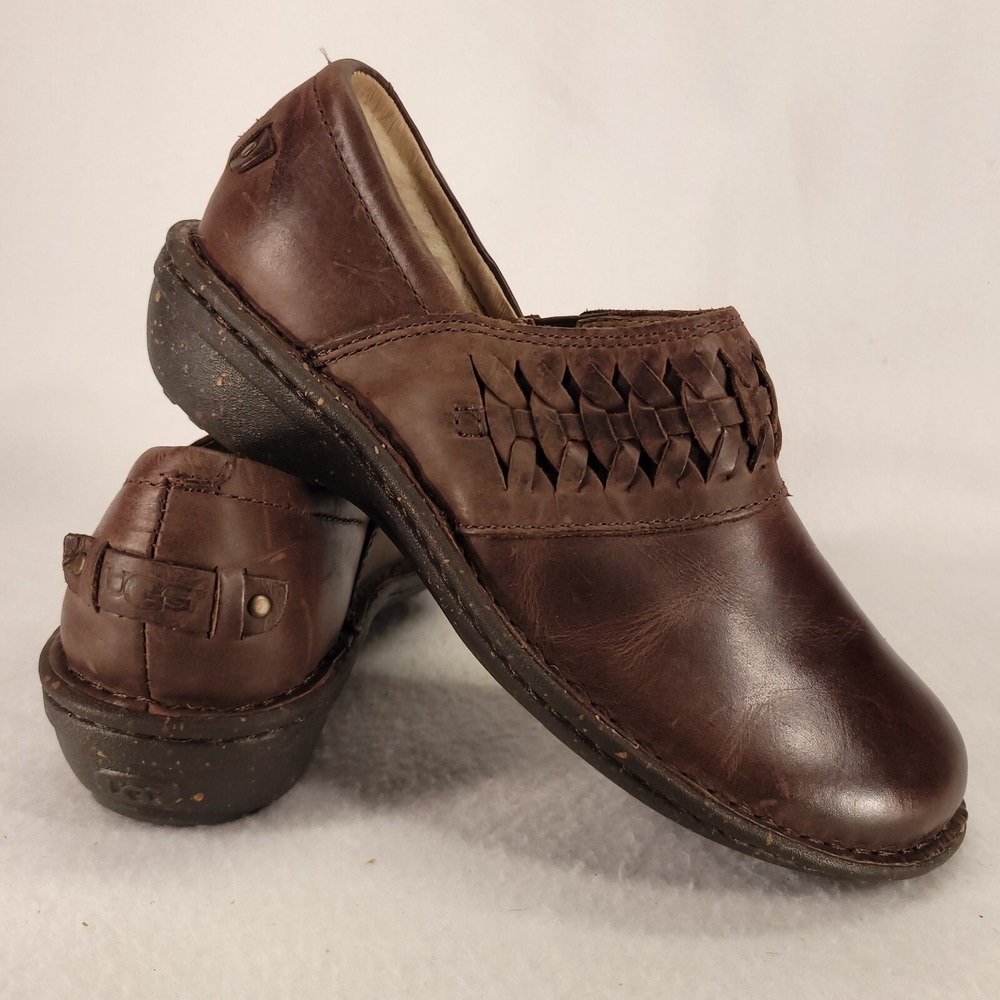 Ugg Shoes Womens 6 Brown Anila Leather Slip On Braided Clogs Loafers Round Toe